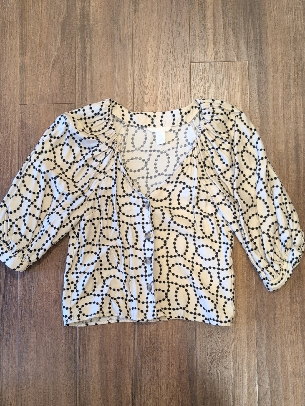 H&M Cream Blouse with Black Dot-Chain Print And Puff Sleeves